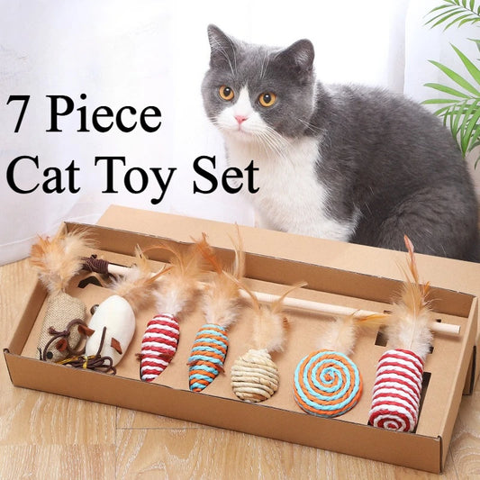 7 Piece Set Cat Toys Combination Set Funny Stick Sisal Feather Bell Plush Mouse Cat Pet Toy Supplies Kitten Toys for Indoor