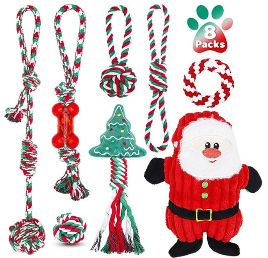 Christmas Dog Toy Set for Dogs - Cotton Rope Chew Toys, Squeaky Santa Plush, Safe, Durable, Teeth Cleaning Holiday Dog Gifts