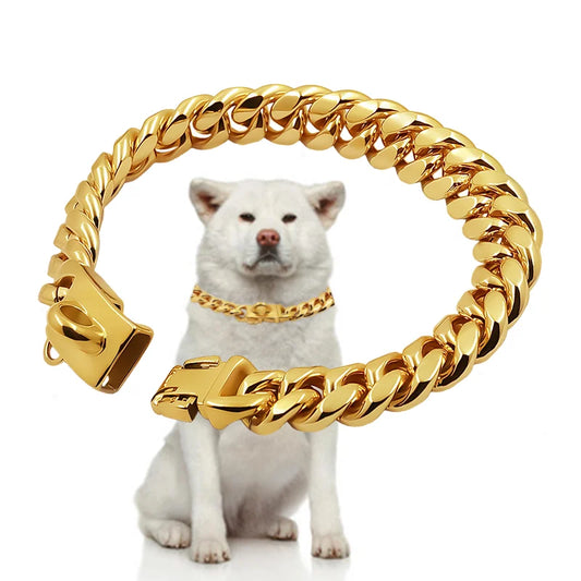 Gold Cuban Chain Dog Collar - Stainless Steel 14mm